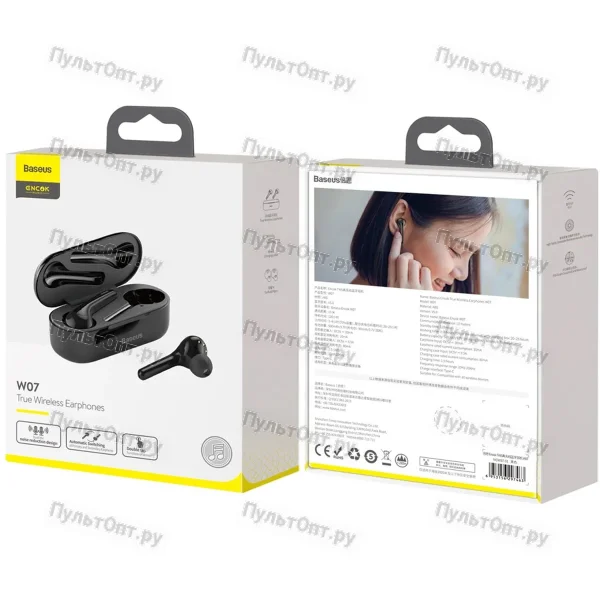 Наушники внутриканальные Baseus W07, Encok, bluetooth, чёрный