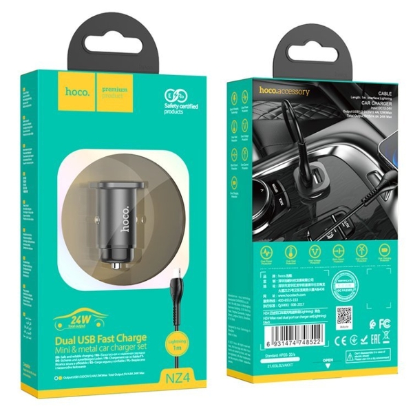 Блок питания автомобильный 2 USB Hoco, NZ4, Wise, 4800mA, пластик, алюминий, огнестойкий, кабель 8 p