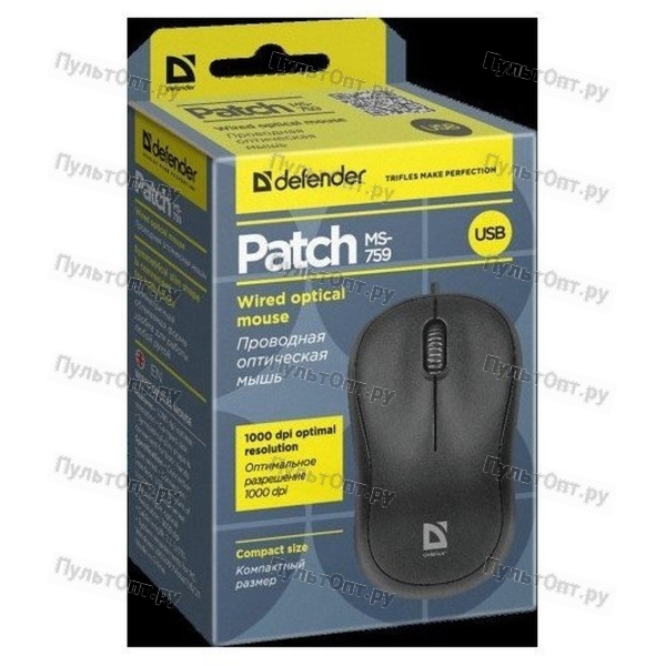 Мышь Defender Patch MS-759, черный, USB, 3 кнопки, 1000 dpi