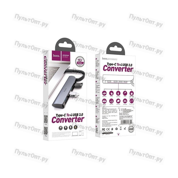 HUB Type-C Hoco, HB12, на 4 порта USB 3.0, серый