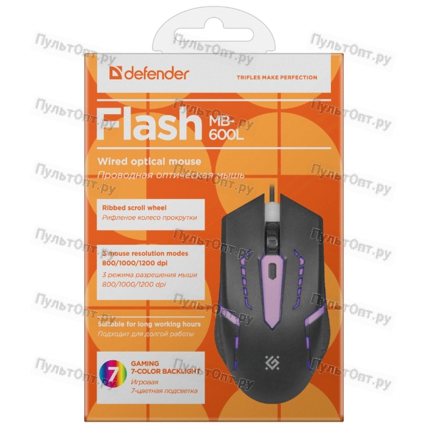 Мышь Defender Flash MB-600L, черная, USB, проводная, 4 кнопки, 1,5м.